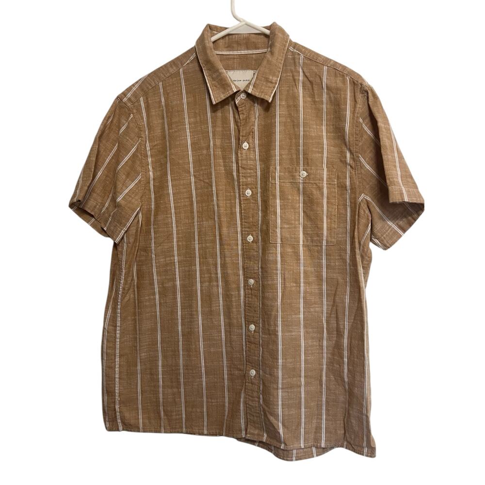 American Eagle Mens Short Sleeve Button Up Dress Shirt Size L Vertical Stripes - Picture 1 of 3